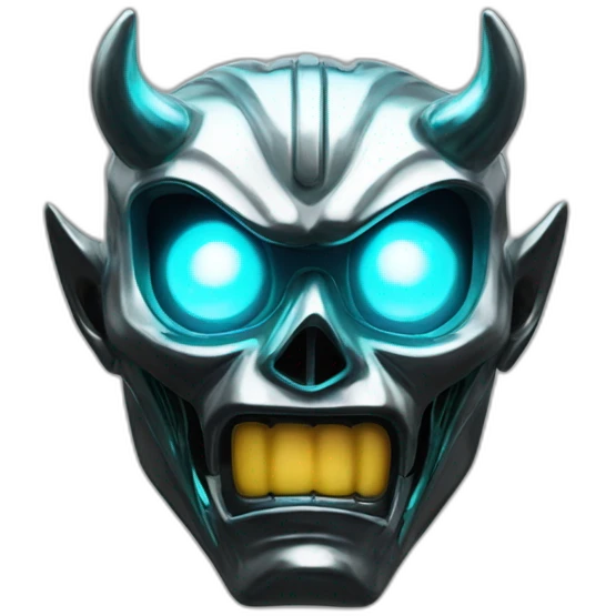 chrome demon with aquamarine lazer eyes and letter B on the face, 3d, portrait, black background emoji