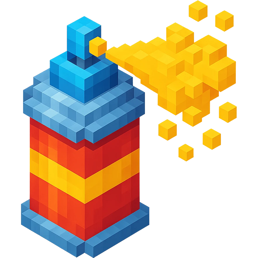 voxel style spray paint can with gold paint, spray coming out, isometric view emoji