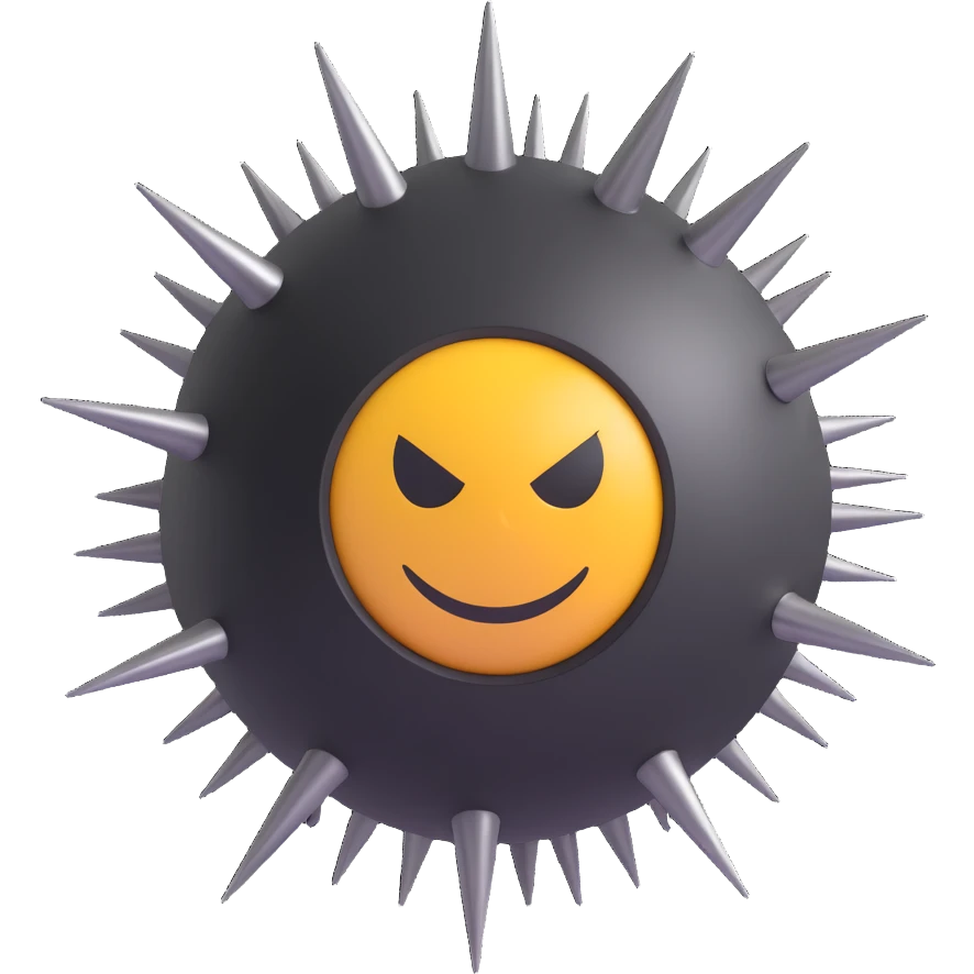 Make the spiked ball look more dangerous with sharper, longer spikes, a darker metallic finish, and menacing details in 3D emoji style with no background. emoji