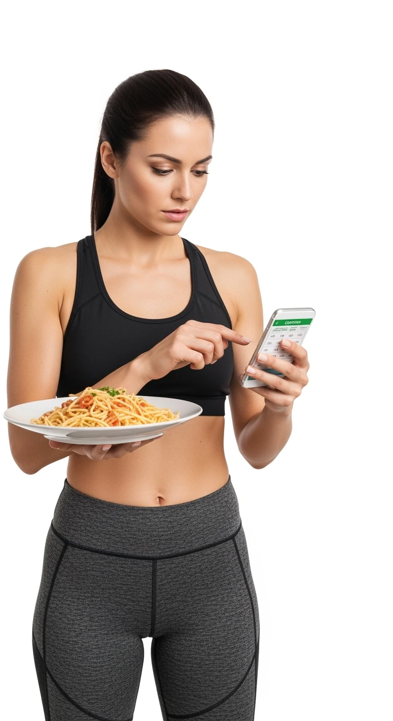 donna fitness che calcola ossessivamente le calorie di quello che sta mangiando: in mano ha un piatto di pasta e nell'altra mano ha lo smartphone per segnare tutti gli alimenti, sfondo bianco emoji