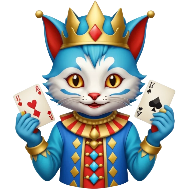 crazy colorful cute little cat jolly joker from poker, medieval, vintage, court jester, mac os icon, blue color, holds poker cards emoji