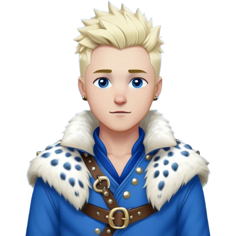 Medieval winter outfit worn by a DnD themed fantasy male character. Heavy cobalt blue wool tunic with snow leopard fur lining, secured by polished bone toggles and a wide leather belt with brass studs. Clothes only above the waist, full waist coverage. The character has no arms. Character is white-skinned with platinum blonde hair, winter-sky blue eyes, and short spiky hair touched by snowflakes. emoji