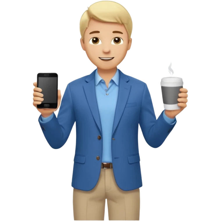 Confident and outgoing male entrepreneur, Caucasian features, short blonde hair, big friendly smile, expressive eyes, wearing a blue blazer over a light blue shirt, dark trousers and brown shoes, holding a smartphone in one hand and a coffee cup in the other, standing pose, full-body, front-facing emoji