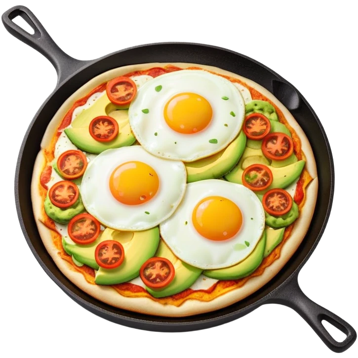 A breakfast skillet with melted cheese, pizza toppings, sliced avocado, and a fried egg on top emoji