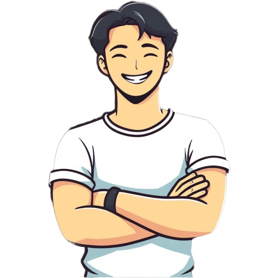 Man crossing arms around his neck laughing emoji