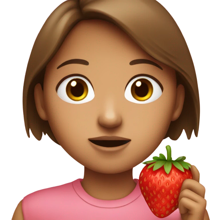 A girl with brown hair eating a strawberry  emoji