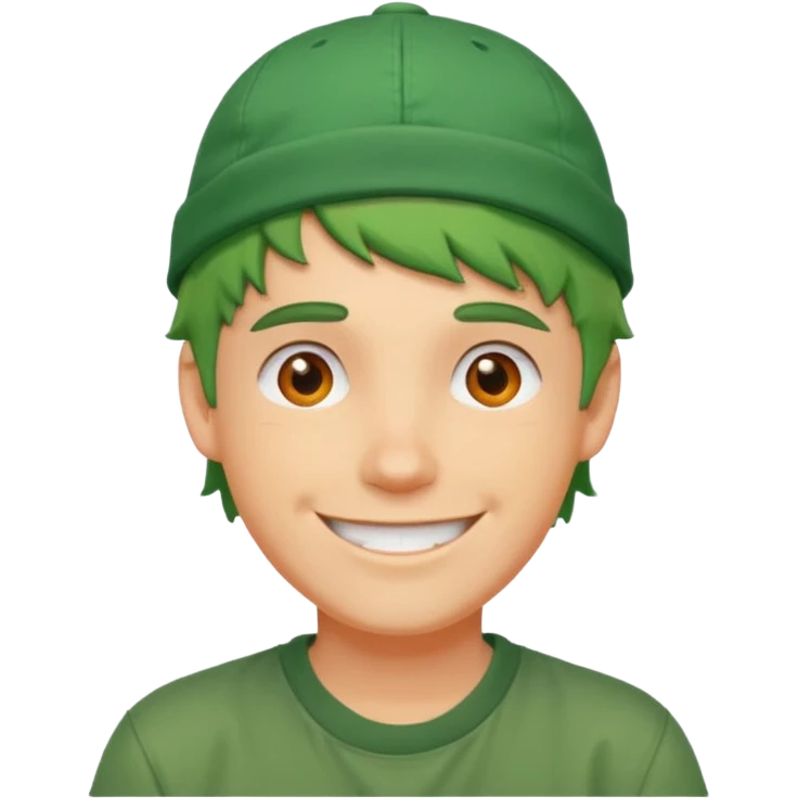 white guy with big smile, short messy green hair, orange backwards cap, street style emoji