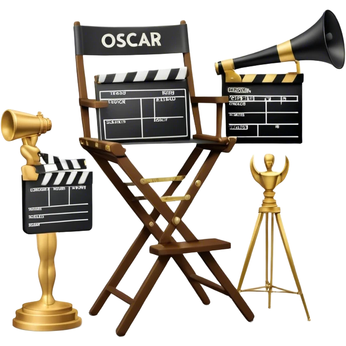 Icon for Directing: professional collage with director's chair, a film slate, a megaphone and an Oscar statuette. The icon should represent the creative and leadership aspects of directing, with focus on film and theater production. Transparent background. emoji