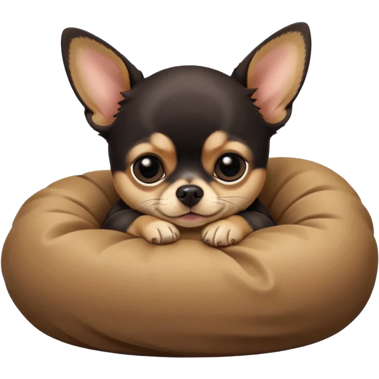 A high-resolution photo-realistic digital illustration of a cute black and tan chihuahua with big eyes shut sleeping lazily. emoji