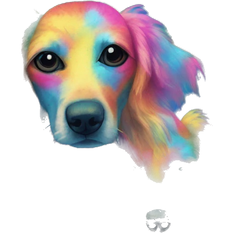 Multicolored rainbow retro groovy tie dye hippie trippy floral patterns on a metallic holographic iridescent blue dog face head emoji