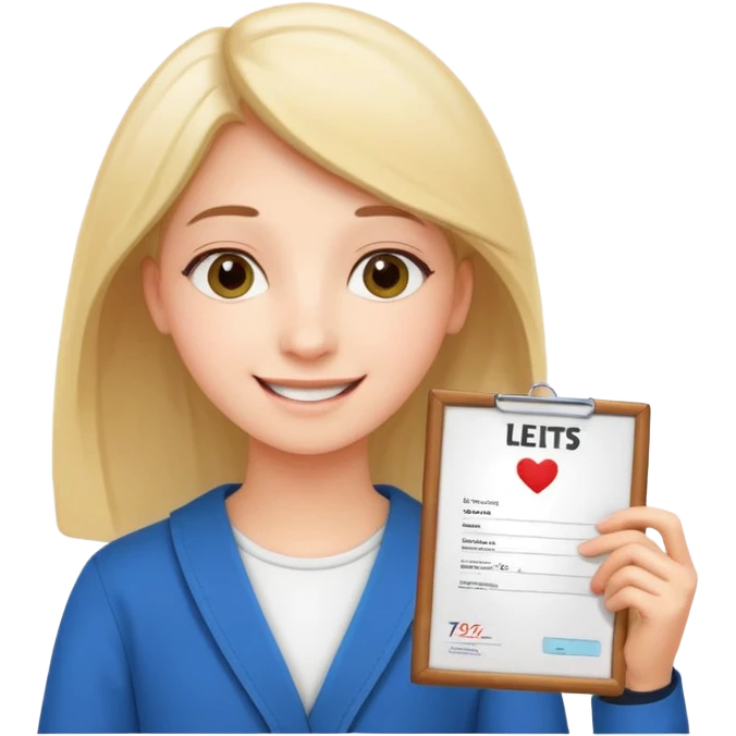 студентка радостная после успешной сдачи экзамена IELTS на 7.0 смотрит свои результаты на сертификате с текстом IELTS на белом фоне  emoji