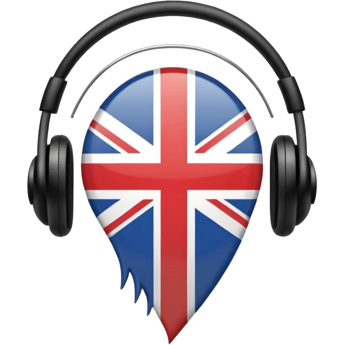 Minimalistic flat vector icon, iOS style, thin black contour on white background. Ear icon with sound waves and small UK/USA flag symbol. Clean, no text, no shadows emoji