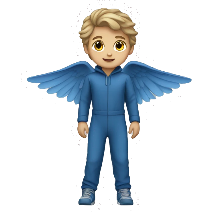 Little Kid dark blond hair  blue  full body jumpsuit flying emoji