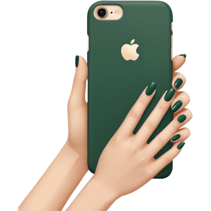 female hand with nude manicure (5 fingers) holding an iPhone in a dark green case, extremely concise, minimalist emoji