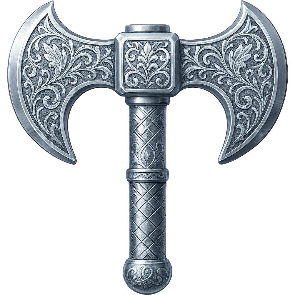 Engrave this steel battleaxe with elegant silver engravings, keep it crisp, shiny, and slightly fancier than iron, realistic metallic steel, emoji style. Transparent background. emoji