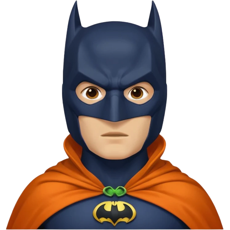 generate a batman emoji with just the face and neck showing and part of the cloak and and wings. Shade the mask in dark navy blue. Shade the chest in a bright medium olive green. Shade the cloak in a solid vibrant orange emoji