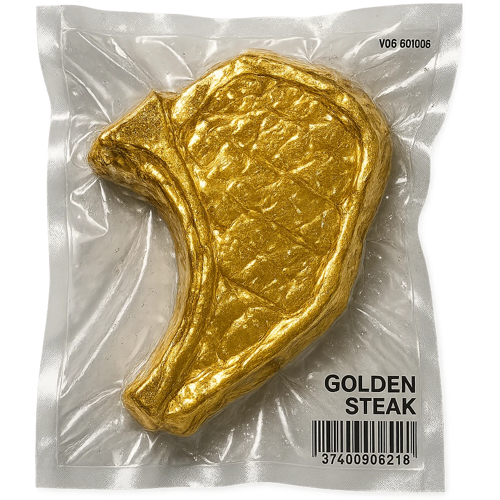 golden steak with diamond-like shine, very glossy emoji