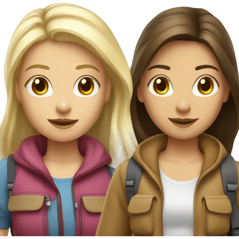Two girls backpacking brunette and blonde hair both white emoji