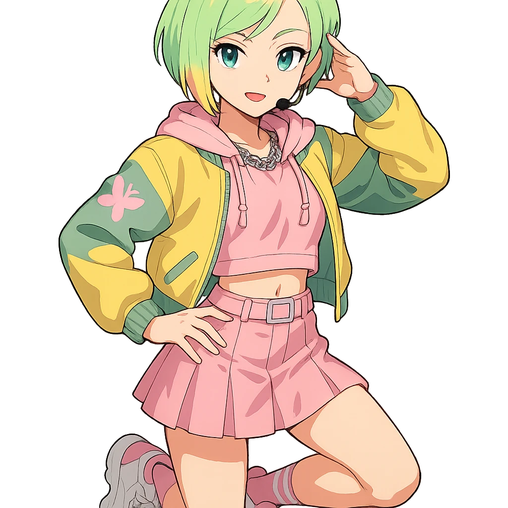 Fluttershy reimagined as a human K-pop idol in anime style, short pastel green hair, streetwear-inspired trendy outfit, confident pose, transparent background emoji