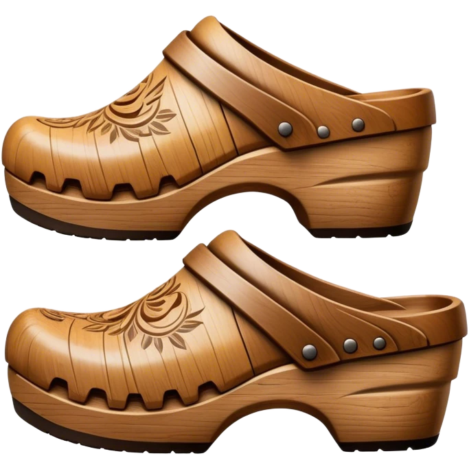 Cinematic Realistic Wooden Clogs Emoji, depicted as a pair of traditionally carved weathered wooden clogs with intricate details and rustic charm, rendered with rich textures and warm natural lighting that captures their cultural heritage. emoji