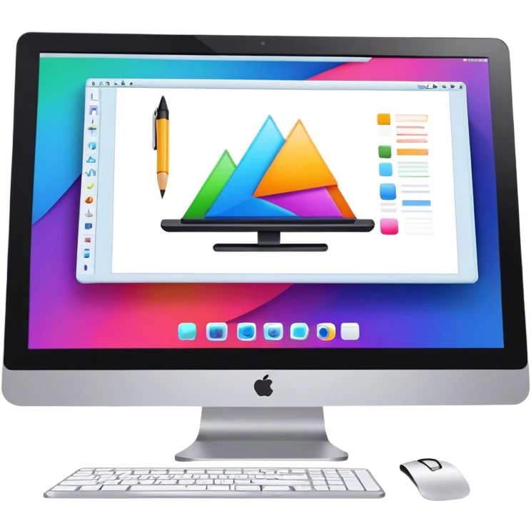 Computer graphics icon, large monitor with graphic design software open, graphic tablet, stylus, vibrant colors, minimalistic style, clean lines, transparent background. emoji