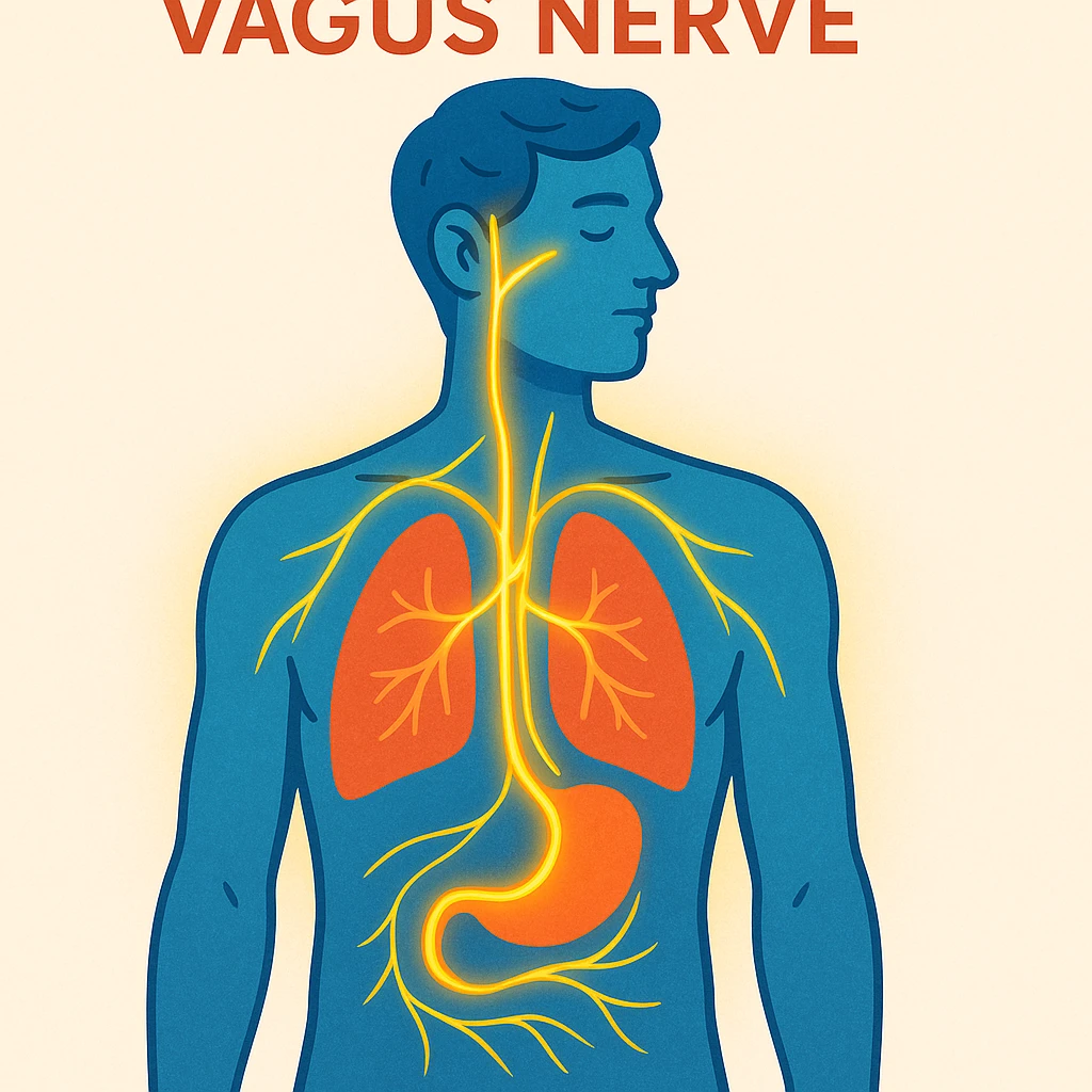 vagus nerve highlighted on human body, modern illustrative style, vivid colors, vagus nerve path highlighted with glow effect, simplified anatomical details, light background emoji