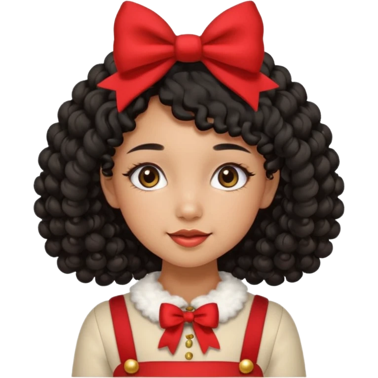cute girl tan skin, curly black hair chin length, middle part, long eyelashes, cute cheeks, 5'2, outfit croquette style with bows and christmas theme emoji