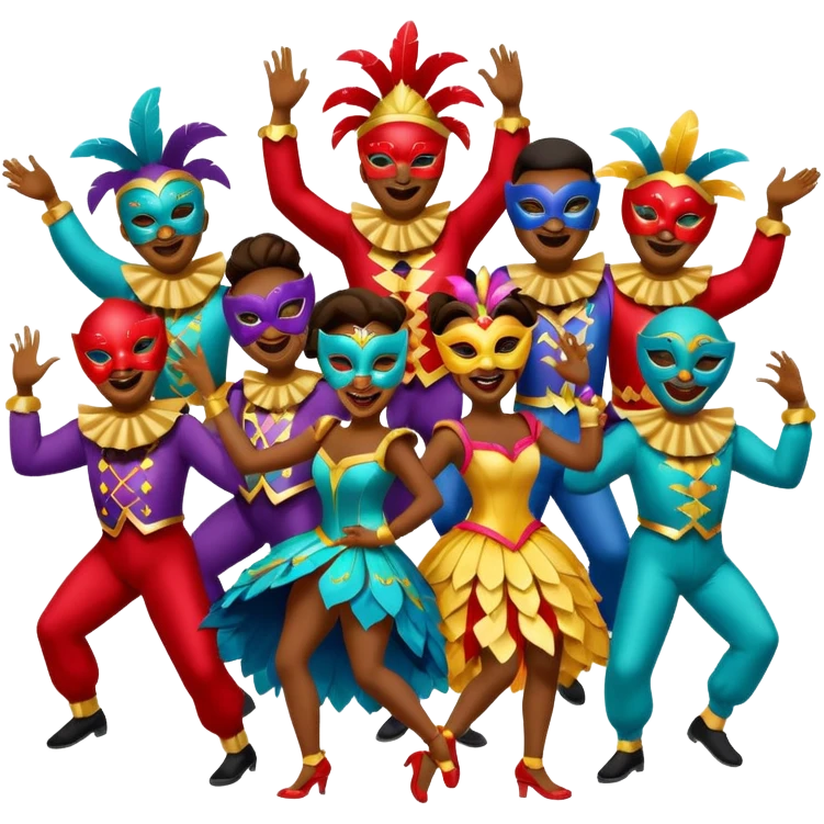Várias pessoas dançando vestido com roupa de carnaval emoji