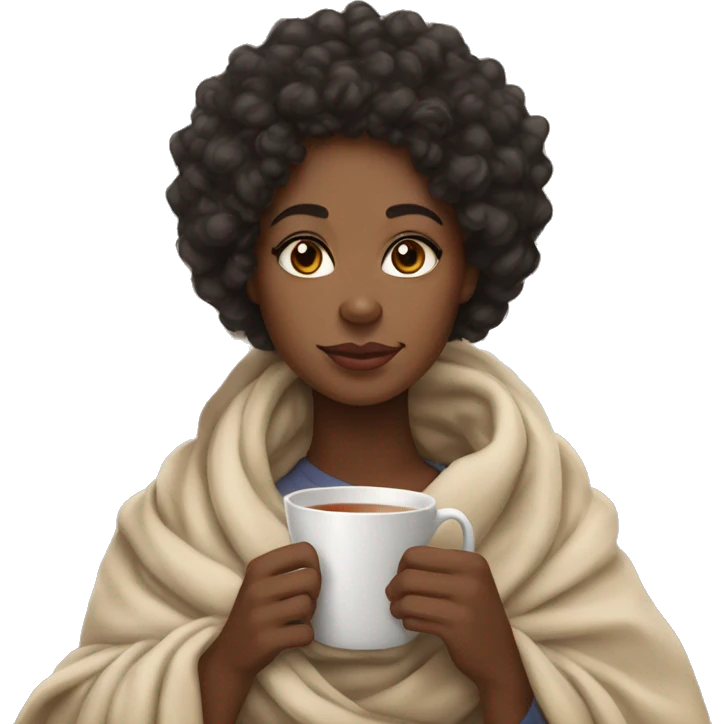 a lightskin black girl with curly hair wrapped in a blanket with a cup of tea emoji
