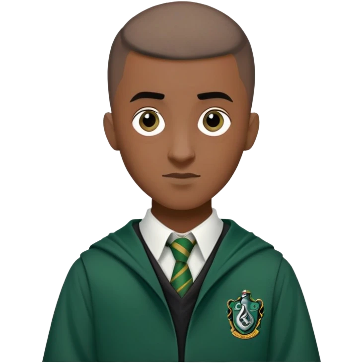 louis cordice is Blaise Zabini in harry potter, wear hogwarts slytherin uniform, Classic Buzz Cut hair, long face,thin, black skin emoji
