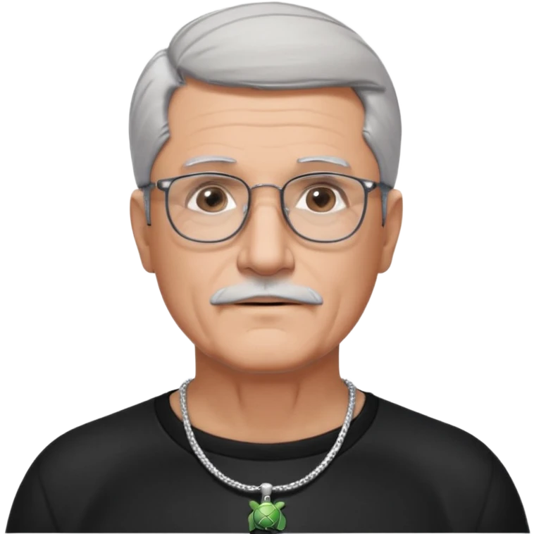Tony Barceló is a large, strong, lively man in his 70s with short, neatly combed gray hair and a trimmed goatee. broad round face, square glasses, and a confident presence. a black outfit with a silver turtle necklace, reflecting his thoughtful, creative energy as a writer. a stubble  emoji