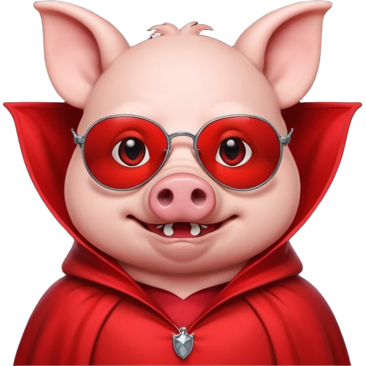 Vampire animal, pig in red collar cloak, red eye, fangs, sunglasses emoji