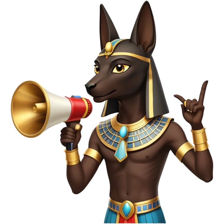 Anubis making an important announcement with an egyptian themed megaphone emoji