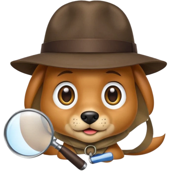 dog emoji with floppy ears, detective hat, magnifying glass, big eyes, simple shading, apple emoji style emoji