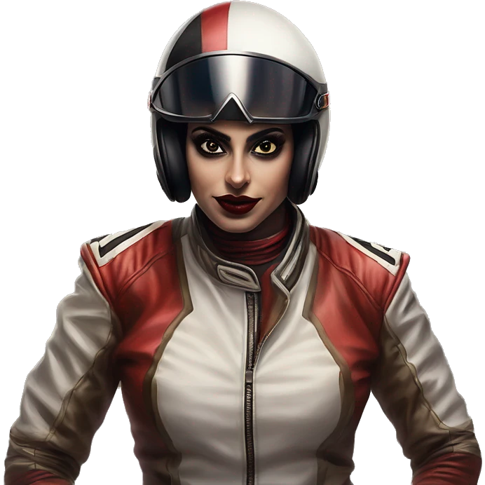 Arabic race driver  in Harley Quinn style, oil paint, mysterious eyes, intricate lips, masterpiece portrait, odd perspective, beautiful, desirable, logical emoji