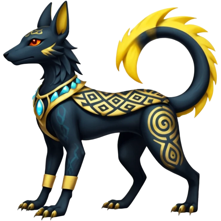 Scarred marked patterned randomly Anubis-Umbreon-Salandit-Luxray-Fakémon-fusion-animal-creature, full body  emoji