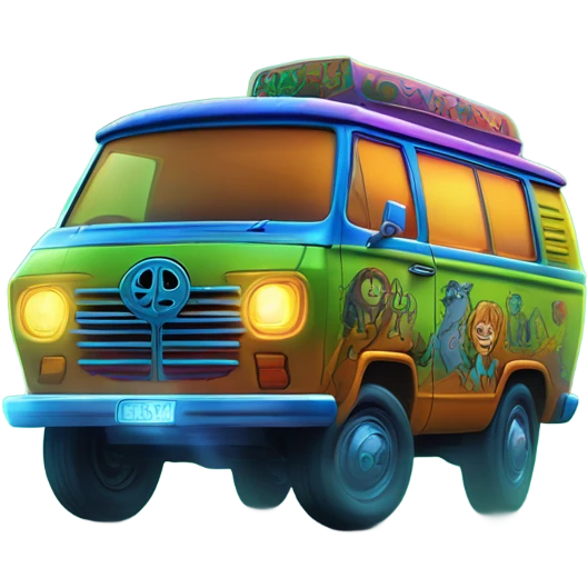 A vibrant semi-realistic depiction of the Scooby-Doo Mystery Machine van speeding through a misty, spooky forest under the moonlight, with glowing headlights and playful psychedelic patterns. emoji