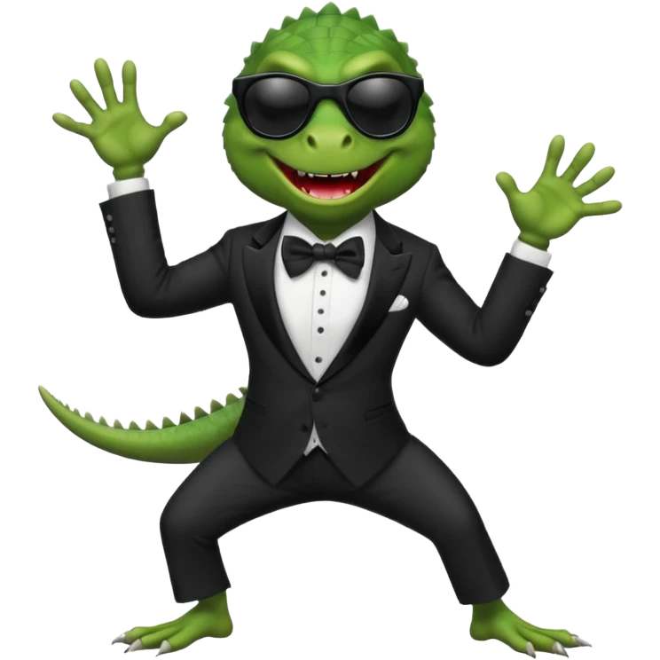capitalist iguana banker in tuxedo and black sunglasses dancing crazy emoji