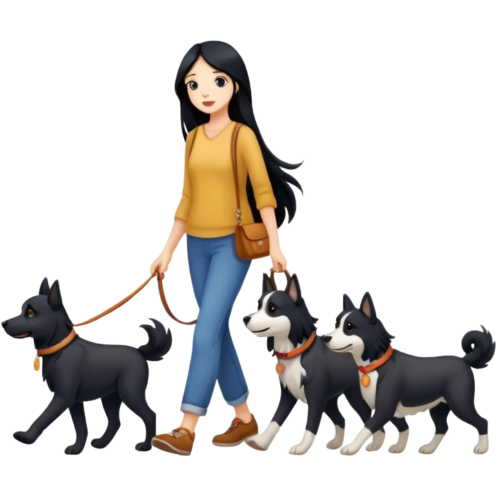 A girl with long black hair walking with three dogs emoji