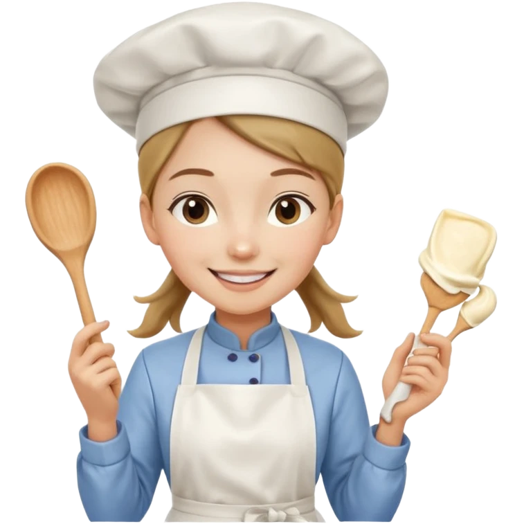 Young female pastry chef - ponytail, apron, wearing a white hat, holding a cream piping bag emoji