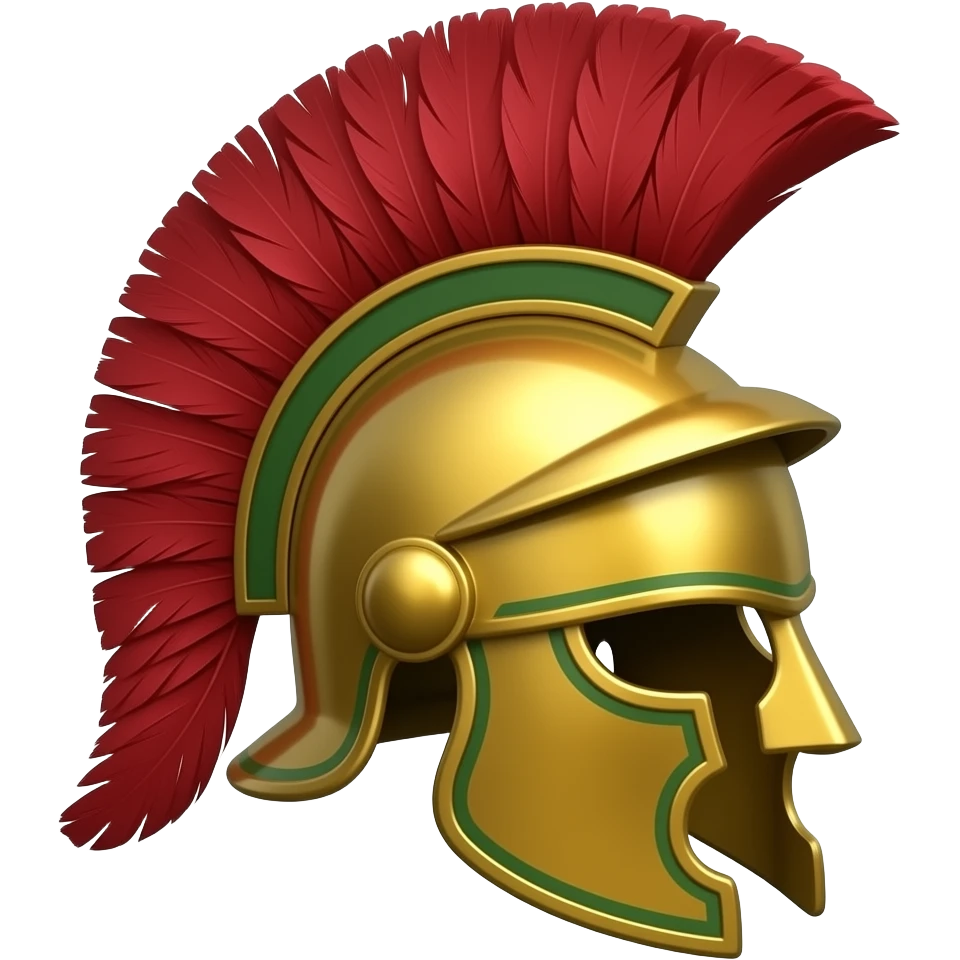 Emoji of a shiny golden Roman helmet with a big red feather plume, green accents on the sides, cartoon style, white background, cute emoji icon emoji