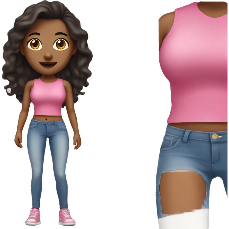 Brunette white baddie with a small waist in a pink top with jeans and sneakers  emoji