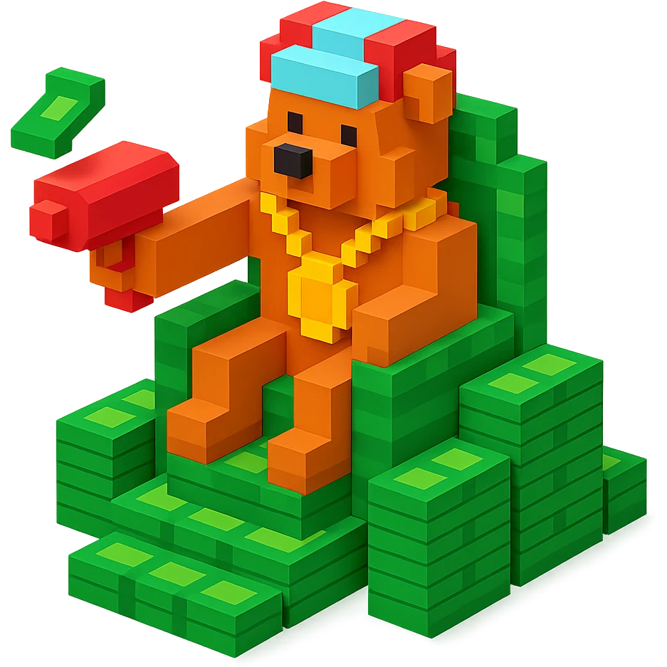 Russian grizzly bear with a rapper chain and a money gun, sitting on a throne of cash emoji