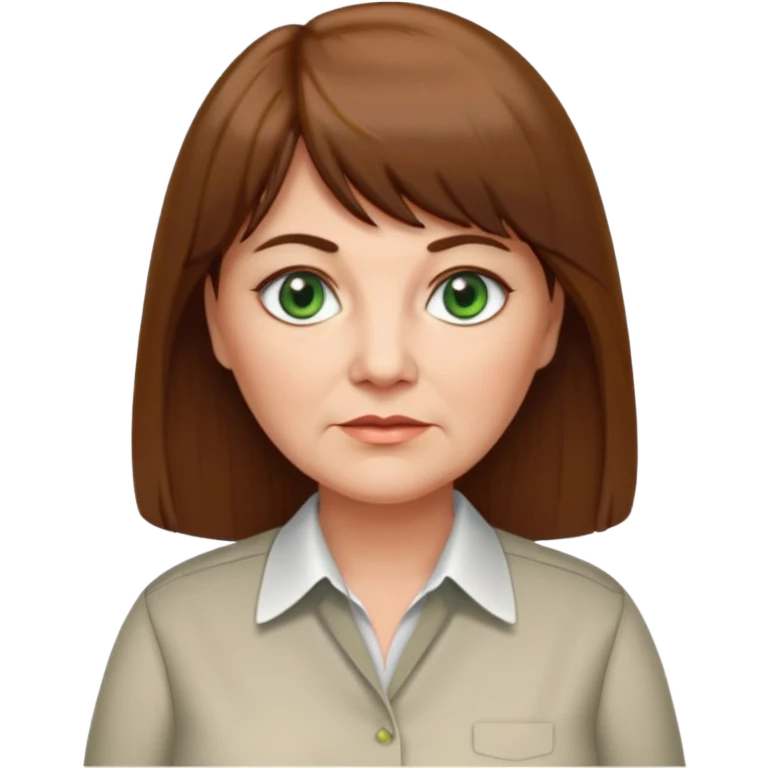 60 yr old woman, green eyes, long straight hair, business shirt, chubby, bangs emoji