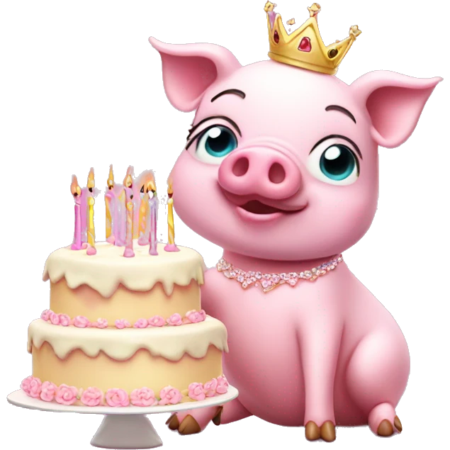 Pink pig in tutu and tiara with birthday cake  emoji
