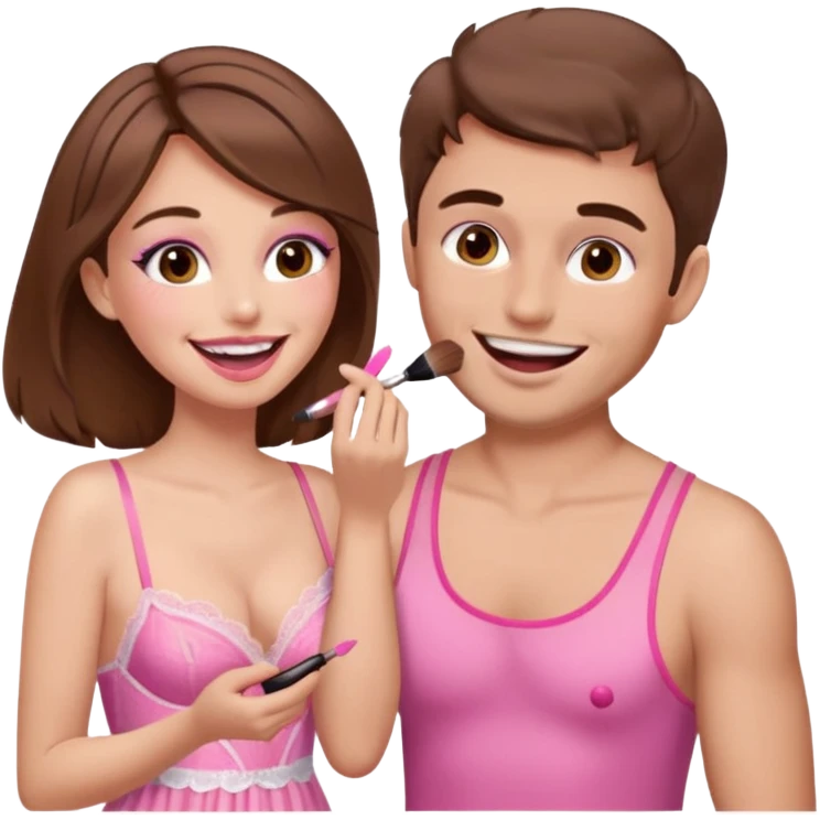 brown hair male getting sissified in pink lingerie dress by his wife. the wife is laughing. she is doing makeup emoji