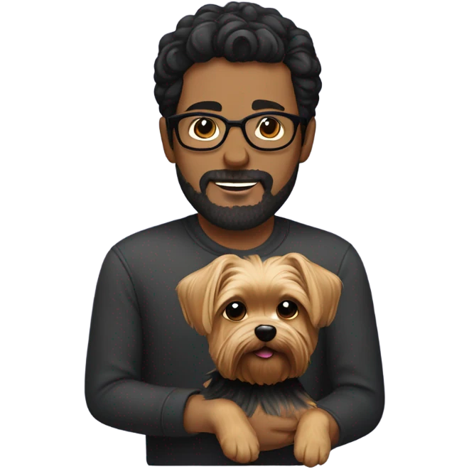 Dark haired guy with facial hair and glasses holding a yorkie  emoji
