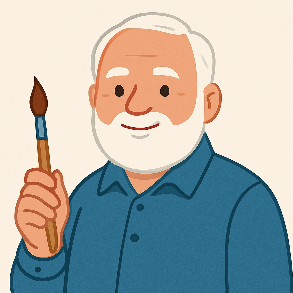 man with a round face, white hair and beard, wearing a blue collared shirt, holding a paint brush, clean modern illustration style emoji