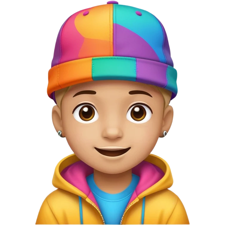 kid with a colorful hiphop hat, happy face emoji
