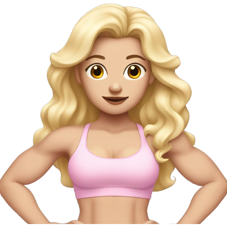 Woman, white skin, light skin, long hair, blonde hair, wavy hair, baby pink sports bra, baby pink leggings, flexing one arm emoji